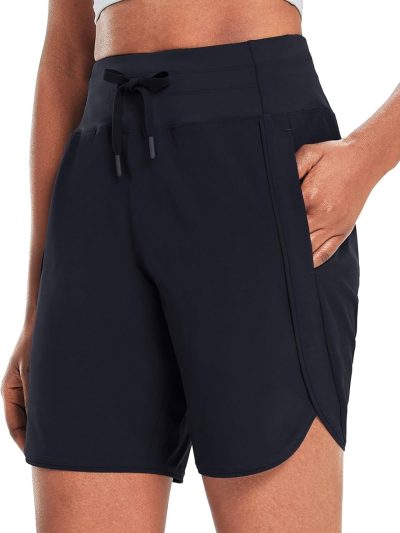 Womens 7" Athletic Long Running Shorts Workout Gym Quick Dry Hiking Shorts High Waisted Zipper Pocket