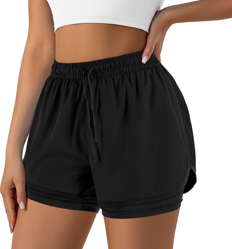 Womens 2 in 1 Running Shorts for Gym Yoga Workout Athletic Shorts High-Waisted Shorts with Liner Pockets