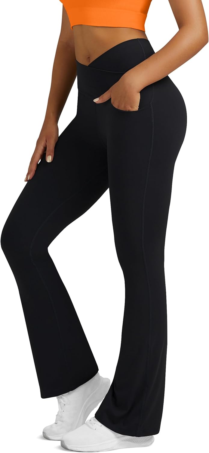 Flare Leggings for Women Yoga Pants with Pockets High Waisted Crossover Flare Leggings Bootcut Casual Yoga Pants