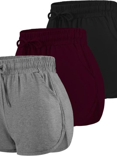 3 Packs Women Sport Shorts Cotton Yoga Running Workout Shorts Summer Athletic Pant with Drawstring and Pockets