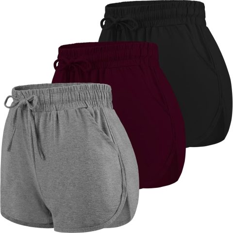 3 Packs Women Sport Shorts Cotton Yoga Running Workout Shorts Summer Athletic Pant with Drawstring and Pockets