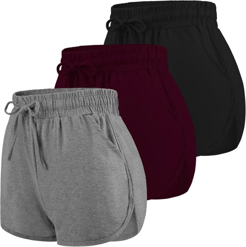 3 Packs Women Sport Shorts Cotton Yoga Running Workout Shorts Summer Athletic Pant with Drawstring and Pockets