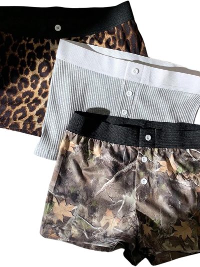 Womens 3 Pack Gym Shorts Leopard Striped Polka Dots Work Out Biker Shorts Yoga Leggings