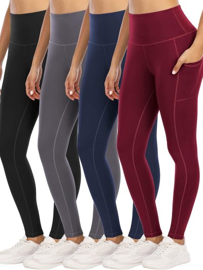 4 Pack Leggings with Pockets for Women,High Waist Tummy Control Workout Yoga Pants