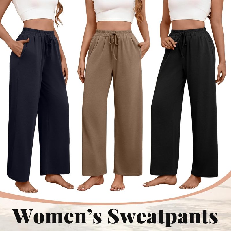 Pack Women Wide Leg Yoga Pant High Waist Drawstring Sweatpants Loose Open Bottom Lounge Pants with Pockets