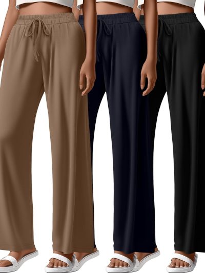 Pack Women Wide Leg Yoga Pant High Waist Drawstring Sweatpants Loose Open Bottom Lounge Pants with Pockets