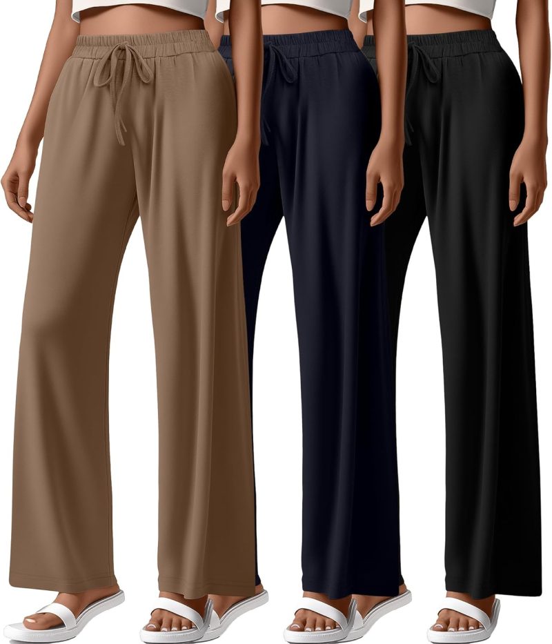Pack Women Wide Leg Yoga Pant High Waist Drawstring Sweatpants Loose Open Bottom Lounge Pants with Pockets