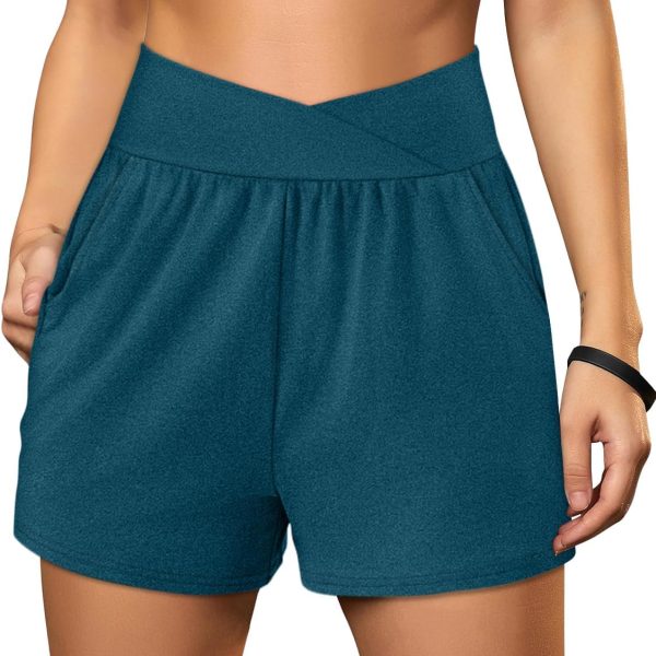 Womens Workout Shorts Athletic Running Shorts Crossover High Waisted Gym Shorts with Pockets