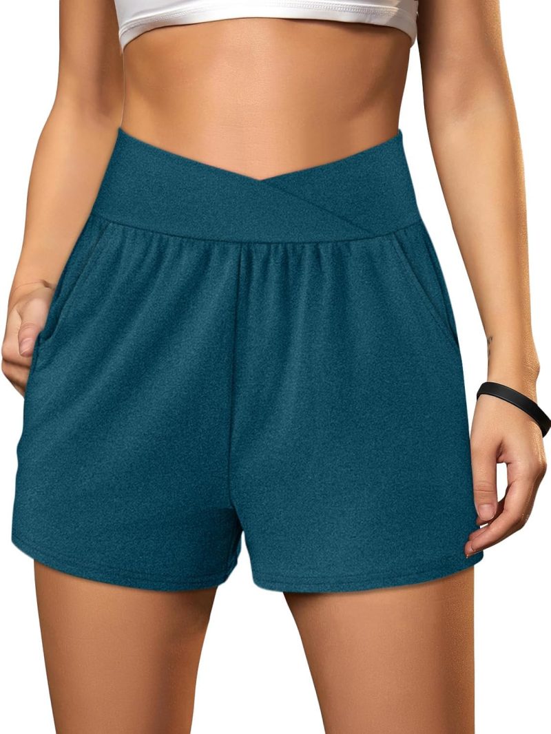 Womens Workout Shorts Athletic Running Shorts Crossover High Waisted Gym Shorts with Pockets