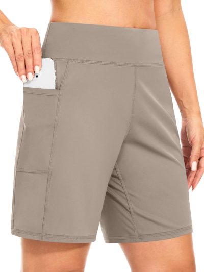 Womens 7" Bermuda Shorts with Pockets High Waisted Stretch Athletic Long Shorts for Women Workout Casual