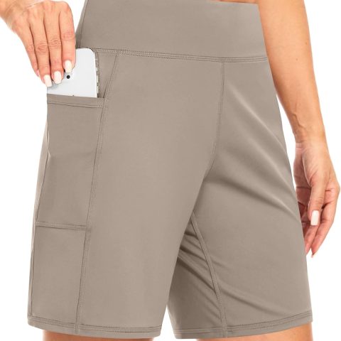 Womens 7" Bermuda Shorts with Pockets High Waisted Stretch Athletic Long Shorts for Women Workout Casual