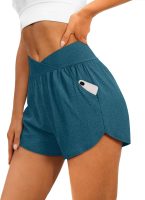 Womens Workout Shorts Athletic Running Shorts Crossover High Waisted Gym Shorts with Pockets