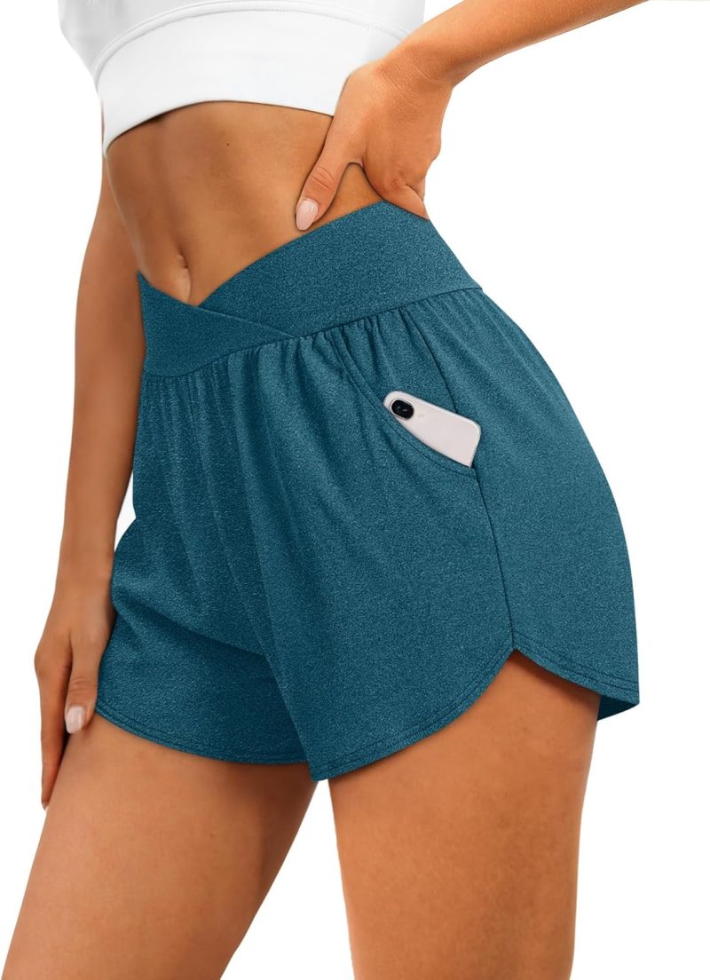 Womens Workout Shorts Athletic Running Shorts Crossover High Waisted Gym Shorts with Pockets