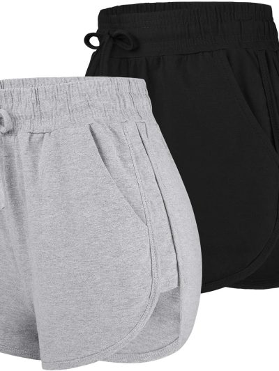2 Pack Cotton Yoga Short Women Summer Running Gym Sports Waistband Shorts with Pockets