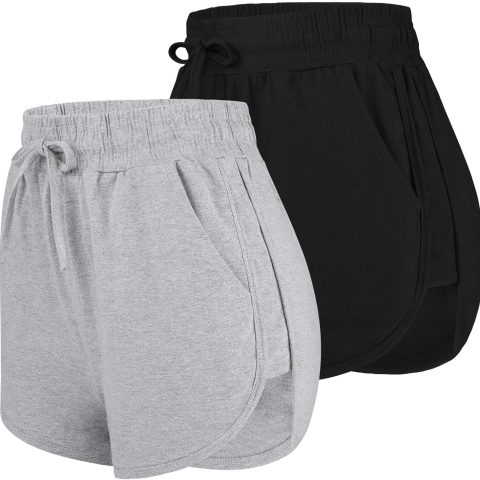 2 Pack Cotton Yoga Short Women Summer Running Gym Sports Waistband Shorts with Pockets