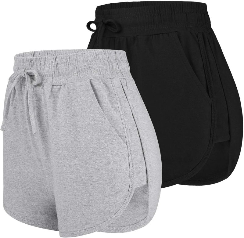 2 Pack Cotton Yoga Short Women Summer Running Gym Sports Waistband Shorts with Pockets